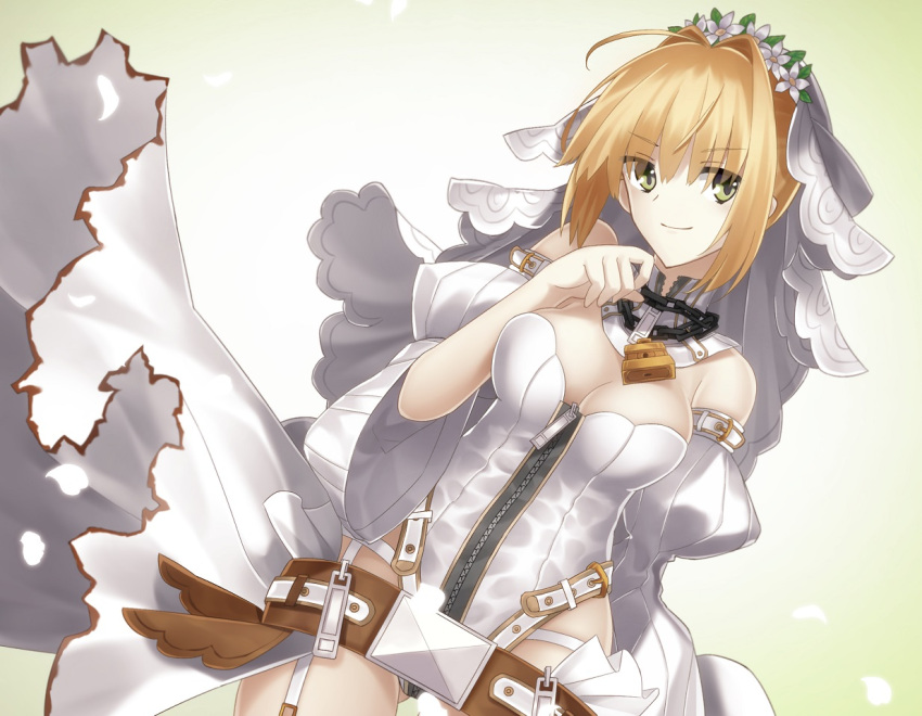 1girl bare_shoulders belt blonde_hair breasts bridal_veil cleavage detached_collar detached_sleeves fate/extra fate/extra_ccc fate/grand_order fate/stay_night fate_(series) garter_straps green_eyes highleg highleg_leotard juliet_sleeves leotard long_sleeves minamina puffy_sleeves saber_bride saber_extra showgirl_skirt smile solo veil zipper