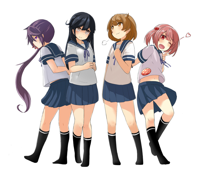 4girls ahoge akebono_(kantai_collection) arms_behind_back badge bandaid bandaid_on_face bangs bell black_hair black_legwear blue_skirt blush brown_eyes brown_hair fang flower hair_bell hair_bobbles hair_flower hair_ornament hasai_(mekkan) heart highres kantai_collection kneehighs long_hair looking_at_viewer looking_back looking_up multiple_girls navel oboro_(kantai_collection) one_eye_closed open_mouth pink_eyes pink_hair pleated_skirt purple_hair sazanami_(kantai_collection) school_uniform serafuku short_hair short_sleeves side_ponytail simple_background skirt smile standing swept_bangs twintails ushio_(kantai_collection) v very_long_hair violet_eyes white_background