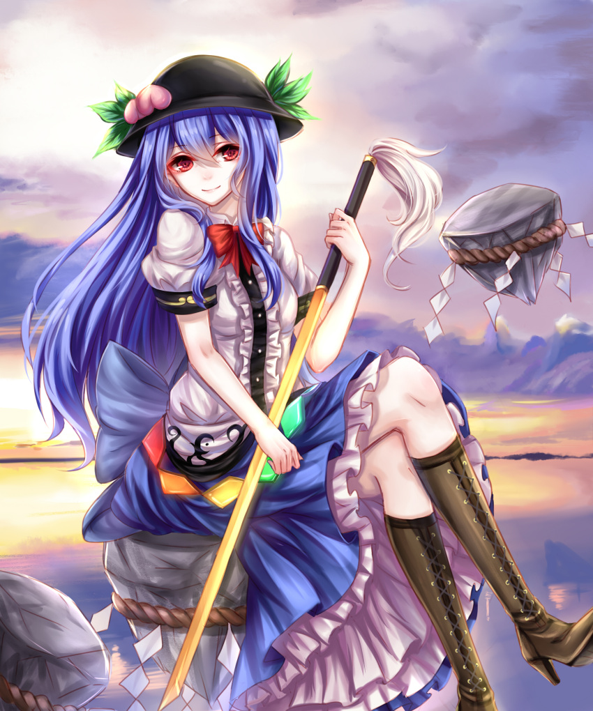 1girl absurdres bangs blue_hair blue_skirt boots bow brown_boots clouds cloudy_sky evening floating_rock food frilled_skirt frills fruit hair_between_eyes hat high_heel_boots high_heels highres hinanawi_tenshi horizon knee_boots long_hair long_legs long_skirt looking_at_viewer looking_to_the_side mountain ocean orange_sky peach rainbow_order red_eyes rope sheya shimenawa shirt short_sleeves sidelocks silhouette skirt sky small_breasts smile solo sunset sword_of_hisou touhou very_long_hair white_shirt