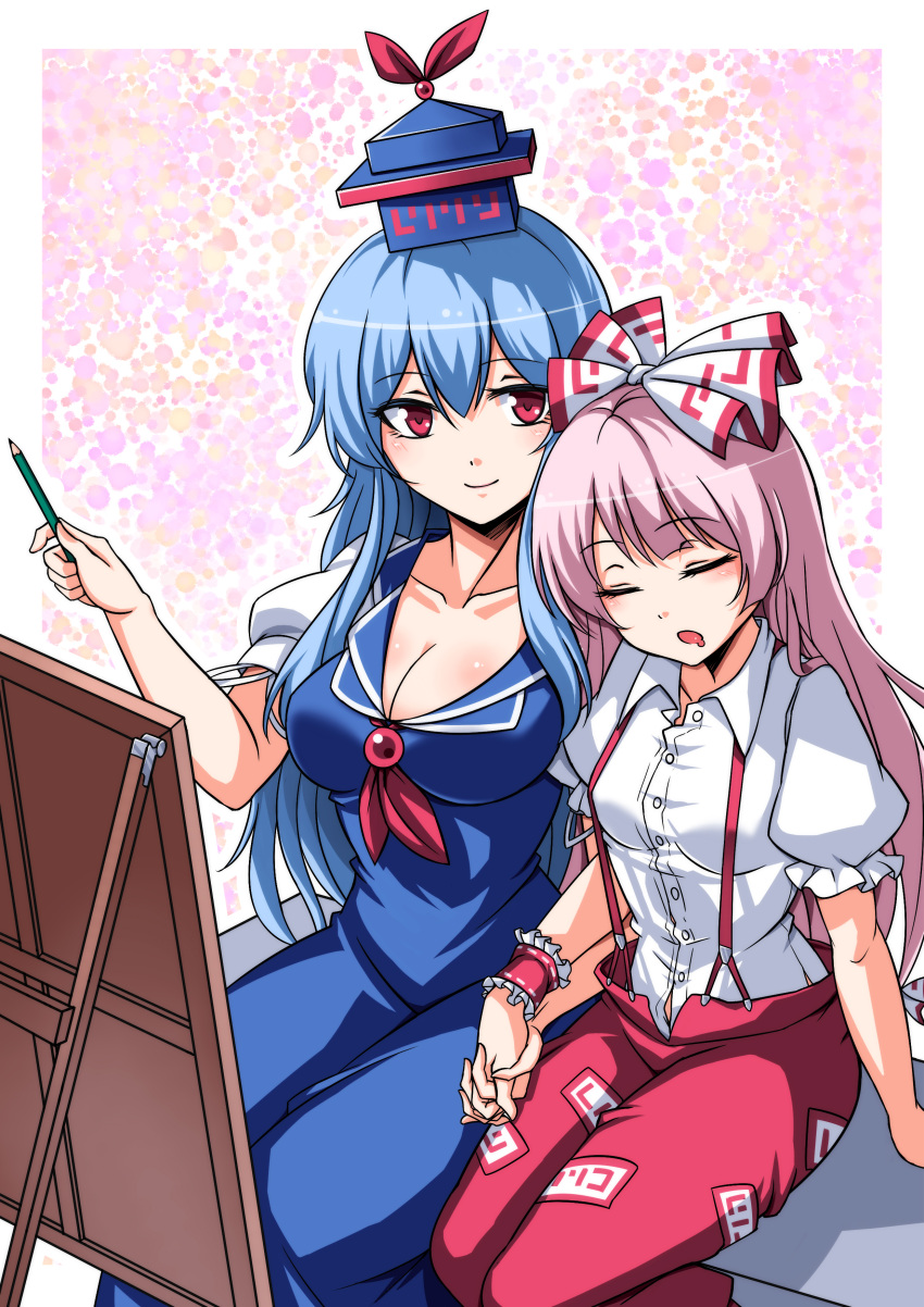 2girls absurdres blue_hair blush breasts cleavage commentary_request drooling fujiwara_no_mokou hat highres holding_hands interlocked_fingers kamishirasawa_keine koissa large_breasts long_hair multiple_girls pants pencil pink_hair red_eyes shoulder_rest sketching sleeping sleeping_on_person sleeping_upright small_breasts smile suspenders touhou very_long_hair wrist_cuffs yuri
