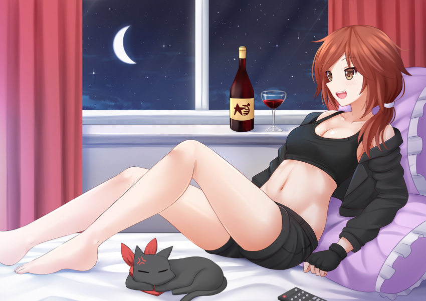 1girl :d alcohol anger_vein animal bare_legs bare_shoulders barefoot bed bed_sheet belt black_cat black_fur black_gloves black_jacket black_shirt black_shorts blush bow breasts brown_eyes brown_hair cat cleavage closed_eyes collarbone controller cork crescent_moon cup curtains drink drinking_glass eyebrows eyebrows_visible_through_hair fingerless_gloves frilled_pillow frills fur glass gloves hair_tubes indoors jacket kazenokaze leaning leaning_back liquid long_sleeves low_ponytail midriff moon navel nichijou night night_sky off_shoulder on_bed open_clothes open_jacket open_mouth original pillow pointy_ears ponytail red_bow remote_control sakamoto_(nichijou) shirt shorts sky sleeping sleeveless sleeveless_shirt smile solo star_(sky) starry_sky stomach tank_top tareme teeth toes transparent window windowsill wine wine_bottle wine_glass