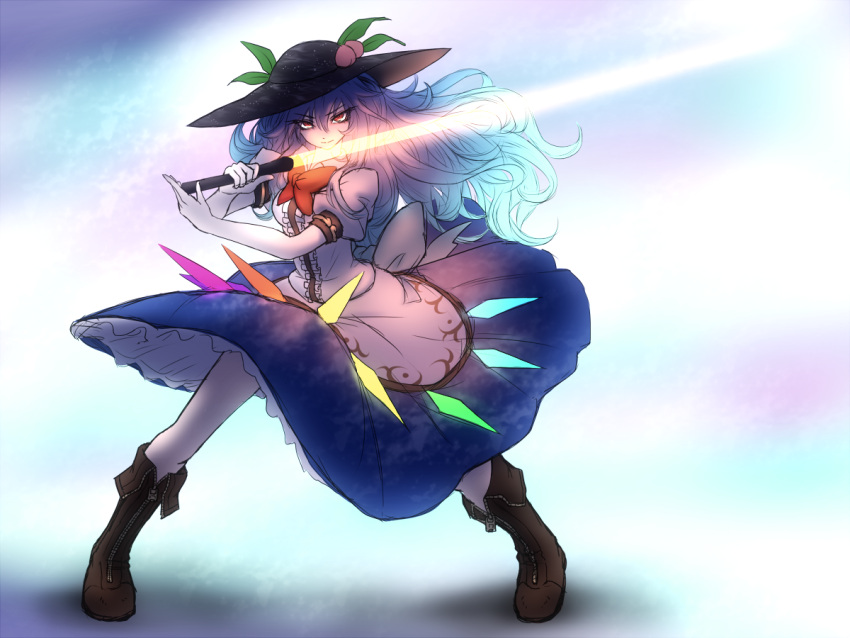 1girl blue_hair blush boots breasts cocked_eyebrow energy_sword fighting_stance food fruit glowing glowing_sword glowing_weapon hat hinanawi_tenshi layered_skirt long_hair looking_at_viewer miata_(pixiv) pale_skin peach puffy_short_sleeves puffy_sleeves red_eyes short_sleeves skirt solo sun_hat sword sword_of_hisou touhou tsurime very_long_hair wavy_hair weapon wind wind_lift zipper