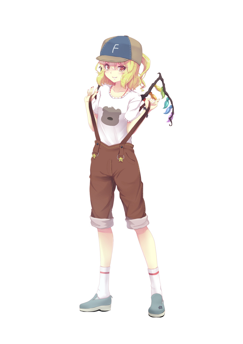 1girl absurdres alternate_costume baseball_cap blonde_hair blush contemporary crystal flandre_scarlet full_body hat highres loafers looking_at_viewer multicolored_wings nail_polish orange_eyes pants pants_rolled_up red_nails shirt shoes short_sleeves side_ponytail smile solo sonikey0_0 suspender_shorts suspenders_pull touhou white_background white_legwear white_shirt wings