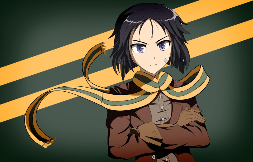 1girl bandage_on_face black_hair crossed_arms gloves jatts kanno_naoe military military_uniform scarf short_hair simple_background solo strike_witches uniform violet_eyes