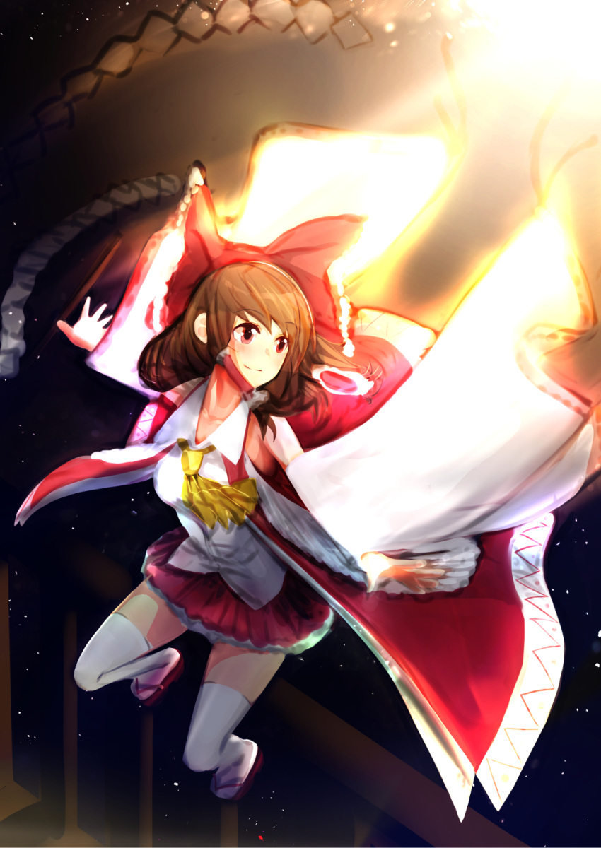 1girl ascot azuk bare_shoulders bow brown_hair collared_shirt detached_sleeves gohei hair_bow hair_tubes hakurei_reimu highres light_rays looking_to_the_side nontraditional_miko pleated_skirt red_eyes sandals shide shirt short_hair sketch skirt smile solo thigh-highs touhou white_legwear wide_sleeves zettai_ryouiki