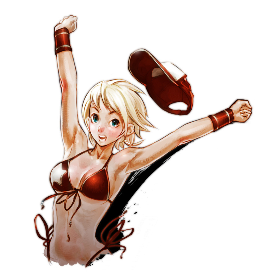 1girl alice_(fatal_fury) bikini_top blonde_hair blue_eyes breasts cleavage fatal_fury hat hat_removed headwear_removed highres midriff navel no_hat official_art open_mouth short_hair simple_background snk solo star teeth white_background