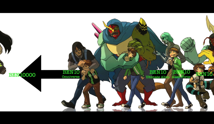 &gt;_&lt; 2boys age_progression bags_under_eyes ben_10 ben_10:_alien_force ben_10:_omniverse ben_10:_ultimate_alien benjamin_kirby_tennyson black_hair brown_hair cape child closed_eyes green_eyes height_difference horns kevin_ethan_levin male_focus monster multiple_boys omnitrix short_hair smile smoothie younger