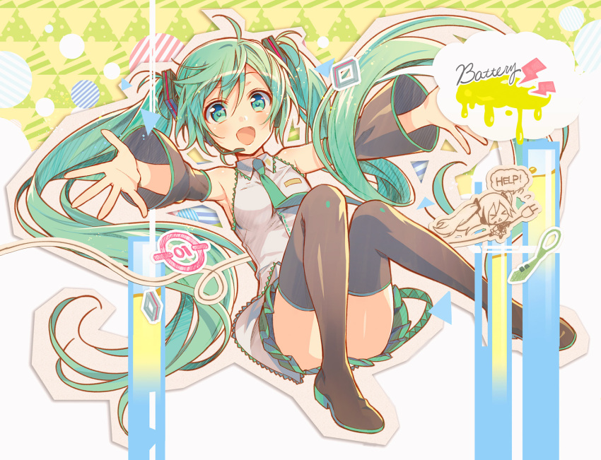 1girl armpits blush boots detached_sleeves full_body green_eyes green_hair hatsune_miku headset highres long_hair looking_at_viewer murakami_yuichi necktie open_mouth outstretched_arms revision skirt smile solo thigh-highs thigh_boots twintails very_long_hair vocaloid