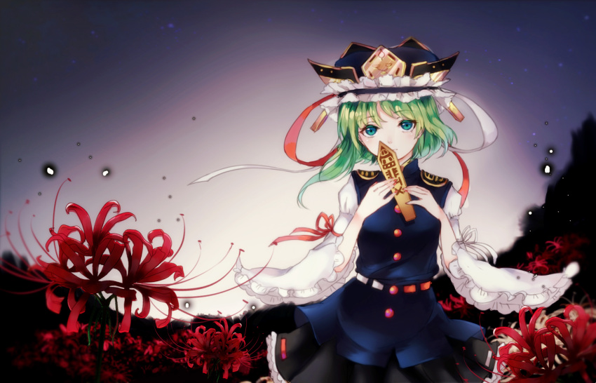 1girl asymmetrical_hair flower gradient gradient_background green_eyes green_hair hat hat_ribbon heib long_sleeves looking_at_viewer puffy_sleeves ribbon rod_of_remorse shikieiki_yamaxanadu shirt short_hair skirt solo spider_lily touhou upper_body vest wide_sleeves