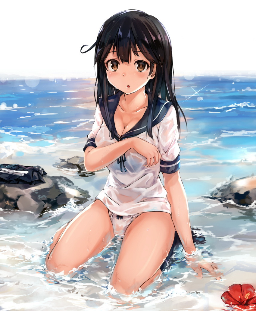 1girl absurdres ahoge black_hair black_legwear blue_sky blush breasts clouds cloudy_sky covering covering_breasts flower highres kantai_collection large_breasts maki_(maki_pei) ocean open_mouth panties revision rock school_uniform seiza serafuku short_sleeves signature sitting skirt skirt_removed sky solo sparkle underwear ushio_(kantai_collection) water wet wet_clothes white_panties