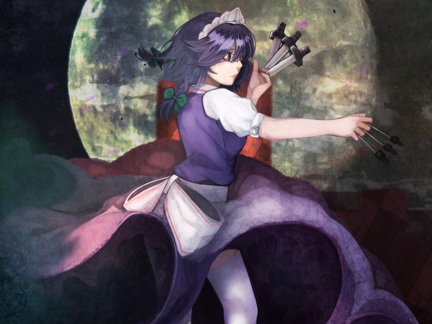 1girl apron ashes bangs between_fingers bow braid from_side full_moon green_bow hair_bow holding holding_weapon izayoi_sakuya knife maid_headdress moon night night_sky pink_lips revision scroll_lock_(scrool5) short_hair short_sleeves silver_hair sky smoke solo standing thigh-highs throwing_knife touhou twin_braids upskirt violet_eyes waist_apron white_legwear wind