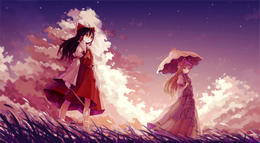 2girls ahoge alternate_hair_length alternate_hairstyle armband ascot backlighting black_hair blonde_hair bow brown_eyes clouds collar dead_line detached_sleeves dress evening expressionless frilled_collar frills gohei grass hair_bow hair_tubes hakurei_reimu hat hat_ribbon highres holding holding_umbrella long_hair long_sleeves looking_afar looking_to_the_side mob_cap multiple_girls night night_sky red_bow red_shirt red_skirt revision ribbon shirt skirt sky standing star_(sky) starry_sky tabard touhou umbrella violet_eyes white_dress wide_sleeves wind yakumo_yukari