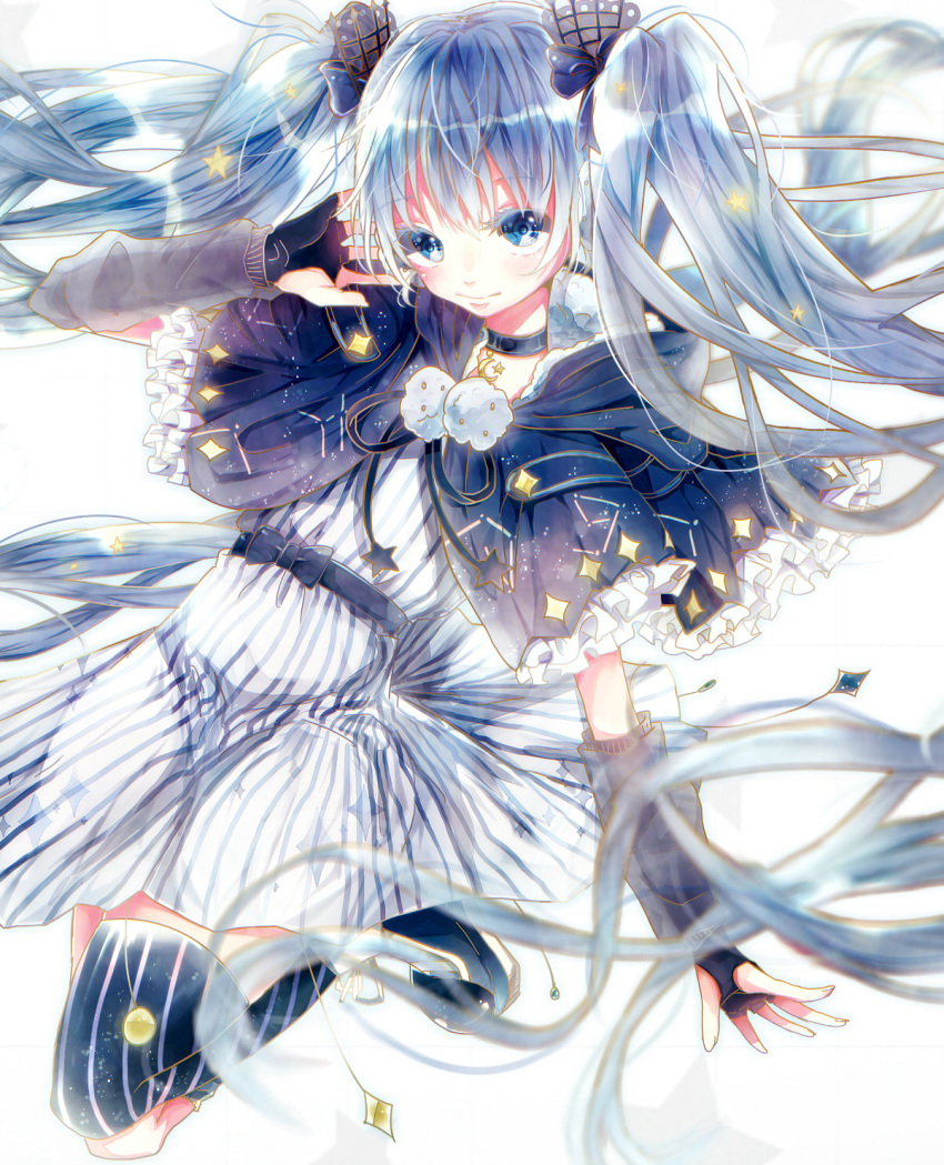 1girl blue_eyes blue_hair choker dress earmuffs fingerless_gloves fuyu_no_yoru_miku gloves hand_on_earmuffs hatsune_miku highres long_hair looking_at_viewer namikaze_bon single_thighhigh solo striped striped_legwear thigh-highs twintails vertical-striped_legwear vertical_stripes vocaloid white_background