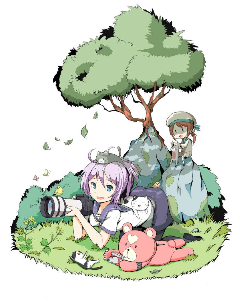 2girls 51_(akiduki) :3 ahoge all_fours animal animal_on_head aoba_(kantai_collection) aoki_hagane_no_arpeggio aqua_eyes arched_back batsubyou bird black_legwear black_shoes brown_hair bush butterfly camera cat cat_on_head closed_eyes crossover error_musume flower girl_holding_a_cat_(kantai_collection) grass hair_ribbon hat heart highres insect kantai_collection loafers long_hair long_sleeves looking_at_viewer lying messy_hair multiple_girls on_back on_stomach open_mouth outdoors pink_hair ponytail ribbon rock school_uniform scrunchie serafuku shaded_face shoes short_sleeves shorts single-lens_reflex_camera sitting skirt smile stuffed_animal stuffed_toy teddy_bear thigh-highs tree twintails white_background white_legwear yotarou_(aoki_hagane_no_arpeggio) |_|
