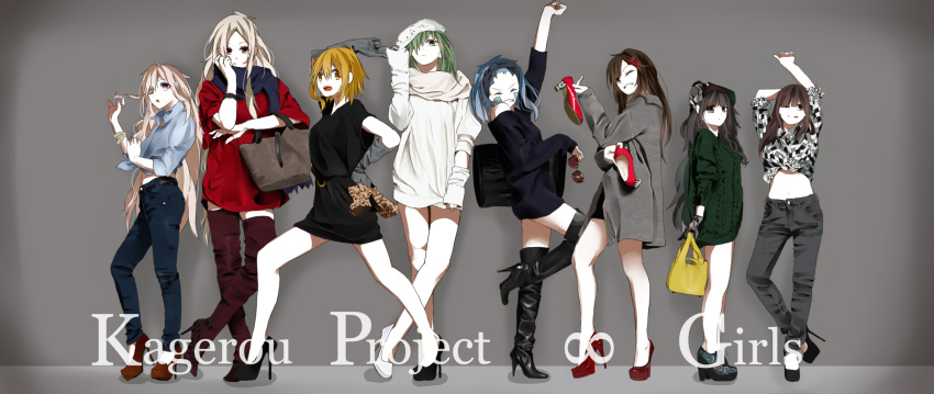 6+girls ;o ;q ^_^ albino alternate_costume arm_at_side arm_behind_head arm_up arm_warmers arms_up asahina_hiyori aunt_and_niece azami_(kagerou_project) bag bangs black_boots black_dress black_eyes black_hair blonde_hair blue_hair blue_pants blue_scarf blue_shirt blunt_bangs boots bracelet brown_eyes brown_hair brown_shoes casual checkered closed_eyes closed_mouth collared_shirt contrapposto copyright_name crossed_ankles denim dress dress_shirt ene_(kagerou_project) eyebrows eyebrows_visible_through_hair facial_mark fashion front-tie_top gloves grandmother_and_granddaughter green_eyes green_hair grey_background grey_gloves grey_jacket grey_pants grin hair_ornament hair_over_one_eye hair_twirling hairband hairclip hand_on_own_cheek hand_on_own_head hat high_heel_boots high_heels highres infinity jacket jeans jewelry kagerou_project kido_tsubomi kisaragi_momo kozakura_mary kozakura_shion legs_apart leopard_print lineup long_hair long_sleeves looking_at_viewer midriff mother_and_daughter multiple_girls navel one_eye_closed one_side_up pants pinky_out pomupon_(ayaram) puffy_short_sleeves puffy_sleeves red_boots red_dress red_eyes red_shoes scarf shirt shoes shoes_removed short_dress short_hair short_sleeves shoulder_bag silver_hair sleeves_past_elbows sleeves_rolled_up smile sparkle standing stomach sunglasses_removed sweater swept_bangs tateyama_ayano thigh-highs thigh_boots thigh_gap tongue tongue_out twintails wavy_hair white_dress white_hair white_hat white_shoes yellow_eyes