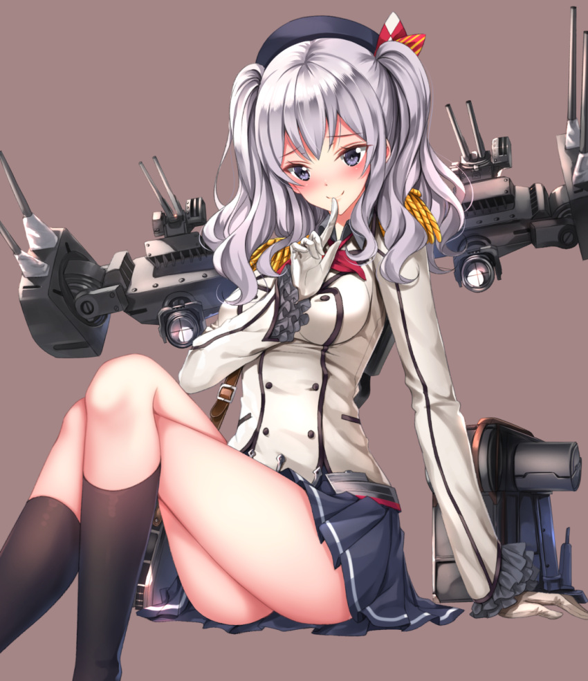 1girl arm_support ass beret black_legwear blush breasts buttons crossed_legs epaulettes finger_to_mouth frilled_sleeves frills gloves grey_eyes hat highres index_finger_raised kantai_collection kashima_(kantai_collection) kerchief kneehighs large_breasts military military_uniform miniskirt pleated_skirt sidelocks silver_hair sitting skirt smile solo swordsouls tsurime twintails uniform wavy_hair white_gloves