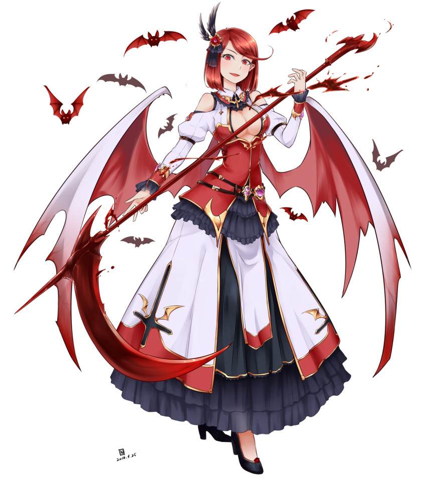 1girl bare_shoulders bat bat_wings blood breasts cleavage cleavage_cutout hair_ornament high_heels highres looking_at_viewer nam_(valckiry) open_mouth original pointy_ears red_eyes redhead scythe short_hair solo vampire wings