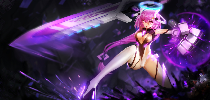 1girl absurdres breasts center_opening cleavage elbow_gloves gloves halo hanshu headgear highres leotard long_hair original pink_hair sideboob solo sword thigh-highs weapon