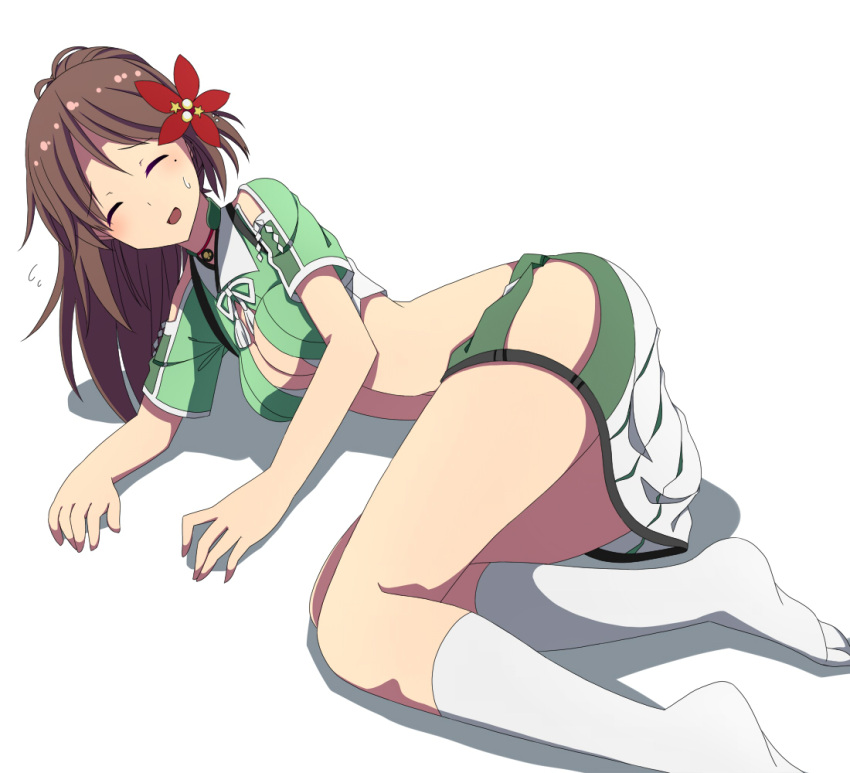 1girl amagi_(kantai_collection) bare_shoulders brown_hair cleavage_cutout closed_eyes commentary_request crop_top hair_between_eyes hair_ornament kantai_collection leaf leaf_hair_ornament long_hair lying maple_leaf midriff miniskirt mole mole_under_eye on_side open_mouth ponytail remodel_(kantai_collection) skirt solo thighs toho-77