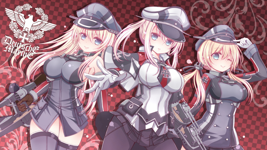 3girls anchor_hair_ornament angeltype armpits bismarck_(kantai_collection) blonde_hair blue_eyes breasts checkered checkered_background elbow_gloves german gloves graf_zeppelin_(kantai_collection) hair_ornament hat highres iron_cross kantai_collection large_breasts long_hair looking_at_viewer machinery military military_uniform multiple_girls one_eye_closed pantyhose prinz_eugen_(kantai_collection) sideboob smile thigh-highs translated turret twintails uniform wallpaper