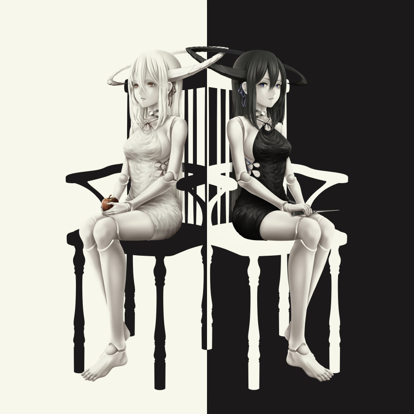 2girls absurdres albino apple armchair bare_shoulders barefoot belt black_dress black_hair black_ribbon blue_eyes blue_ribbon bouno_satoshi breasts chair closed_mouth commentary_request contrast cross-laced_clothes doll_joints dress eyelashes food fruit full_body hair_between_eyes hair_ornament hair_ribbon halo halterneck hands_on_thighs highres holding holding_fruit holding_knife horn horns jewelry knife light_frown long_hair looking_at_viewer looking_away looking_to_the_side multiple_girls necklace original pale_skin red_eyes ribbon short_dress sideboob simple_background sitting sitting_on_chair sleeveless sleeveless_dress symmetry white_dress white_hair