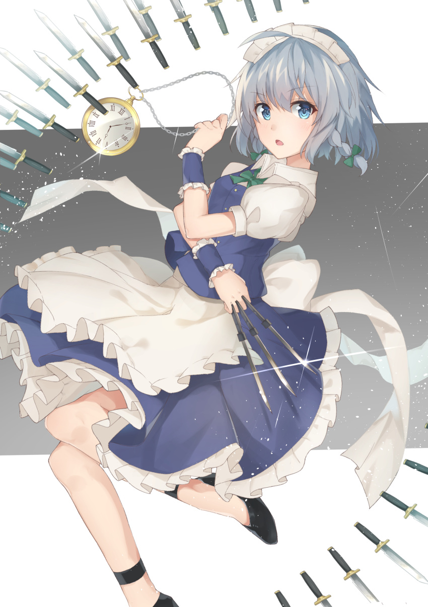 1girl absurdres apron blue_eyes braid emushake highres izayoi_sakuya knife looking_at_viewer maid maid_headdress open_mouth pocket_watch puffy_short_sleeves puffy_sleeves revision shirt short_sleeves silver_hair skirt skirt_set solo throwing_knife touhou twin_braids vest waist_apron watch wrist_cuffs