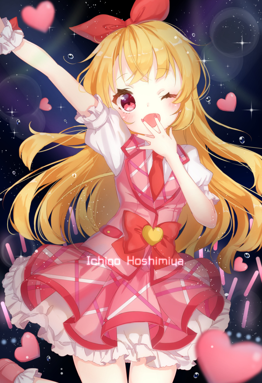 1girl aikatsu! arm_up blonde_hair blush bow character_name covering_mouth dress frilled_dress frills hair_bow hair_ribbon heart highres hoshimiya_ichigo jimmy long_hair looking_at_viewer nail_polish necktie night night_sky one_eye_closed open_mouth red_eyes ribbon short_sleeves sky smile solo star_(sky) starry_sky water_drop wrist_cuffs