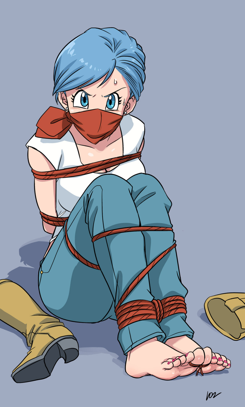 1girl bandana_over_mouth barefoot blue_eyes blue_hair boots bound breasts bulma cleavage cloth_gag dragon_ball dragon_ball_super earrings feet footwear_removed full_body gag gagged highres improvised_gag jewelry lost_one_zero nail_polish official_style over_the_mouth_gag over_the_nose_gag red_nails rope shadow short_hair signature solo sweat tied_up toenail_polish yellow_boots
