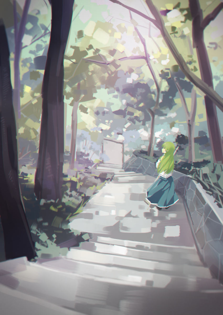 1girl black_shoes blue_skirt broom chen_bin chromatic_aberration day detached_sleeves from_behind grass green_hair hair_tubes highres holding_broom kochiya_sanae long_hair long_skirt nature pov shirt shoes skirt sleeveless sleeveless_shirt smile solo stairs stone_wall torii touhou tree wall white_shirt wind
