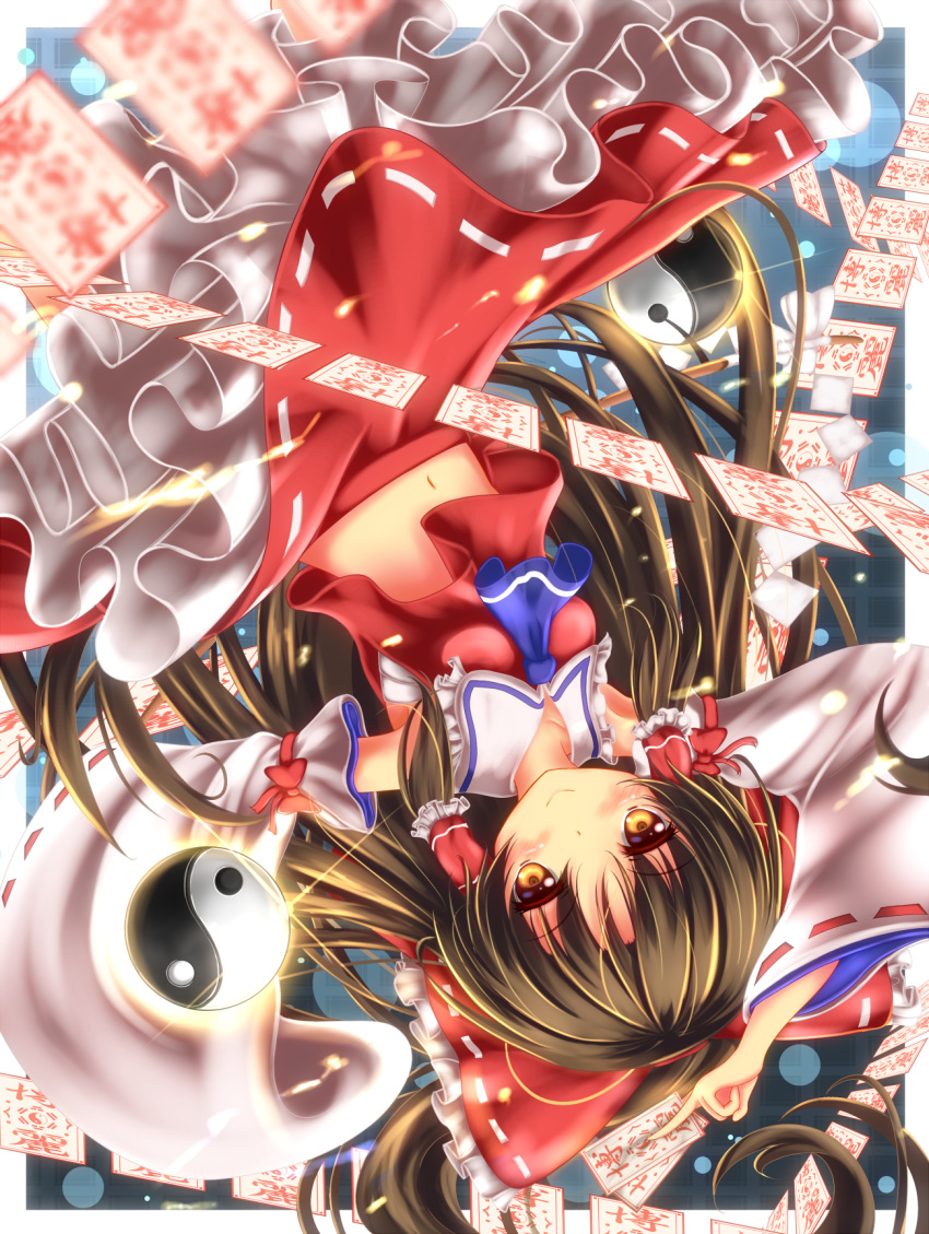1girl :&gt; armpits ascot bandages bare_shoulders between_fingers blurry blush border bow brown_hair closed_mouth collar colored_eyelashes depth_of_field frilled_collar frilled_skirt frills glint gohei hair_bow hair_tubes hakurei_reimu highres holding long_hair midriff navel ofuda orange_eyes red_bow red_skirt red_vest ribbon-trimmed_skirt sarashi sidelocks skirt smile solo spell_card tareme touhou unory very_long_hair vest wide_sleeves yin_yang