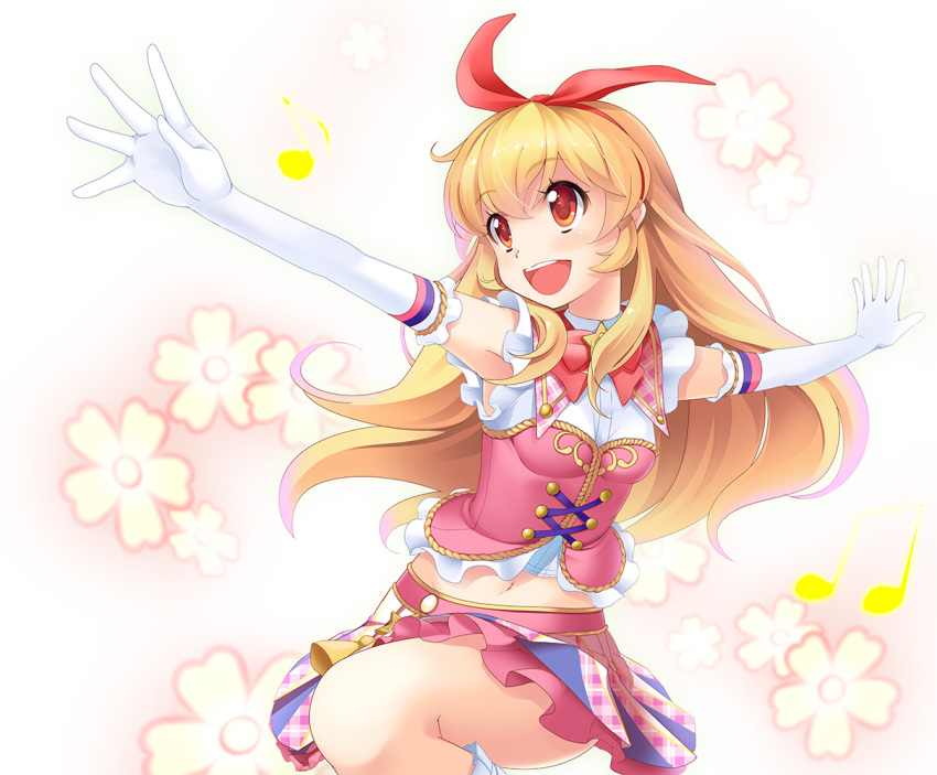 1girl aikatsu! armpits blonde_hair bow floral_print frilled_skirt frills gloves hair_ribbon hairband hoshimiya_ichigo long_hair looking_to_the_side midriff musical_note navel open_mouth outstretched_arms red_eyes ribbon skirt sleeveless smile solo star teeth wapokichi