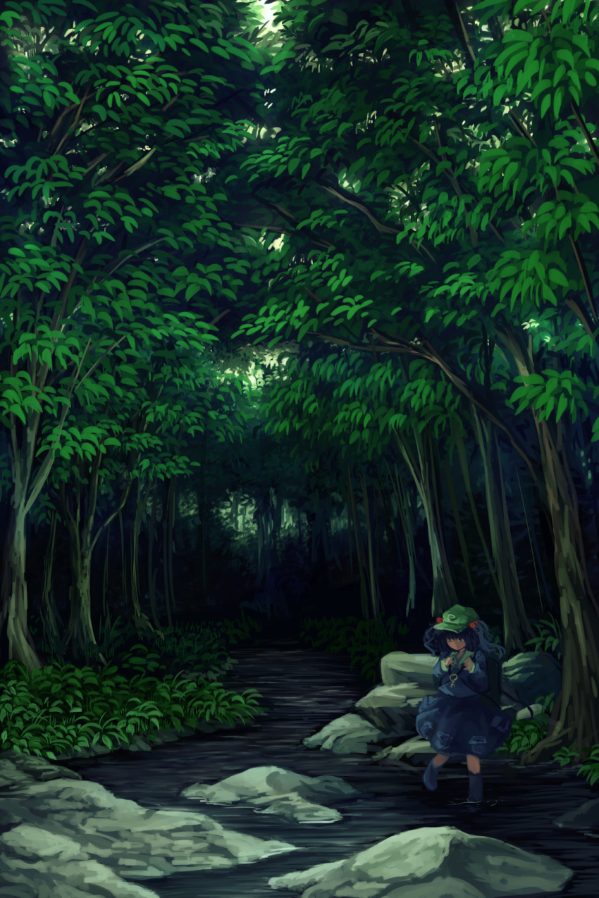 1girl akaiha_(akaihagusk) backpack bag blue_boots blue_dress blue_eyes blue_hair blurry boots carrying closed_mouth collar day depth_of_field dress flat_cap forest full_body green_hat hair_bobbles hair_ornament hat highres jewelry kawashiro_nitori key long_sleeves nature necklace outdoors plant river rock rubber_boots shore smile solo sunlight thigh-highs touhou tree tree_branch wading water zettai_ryouiki