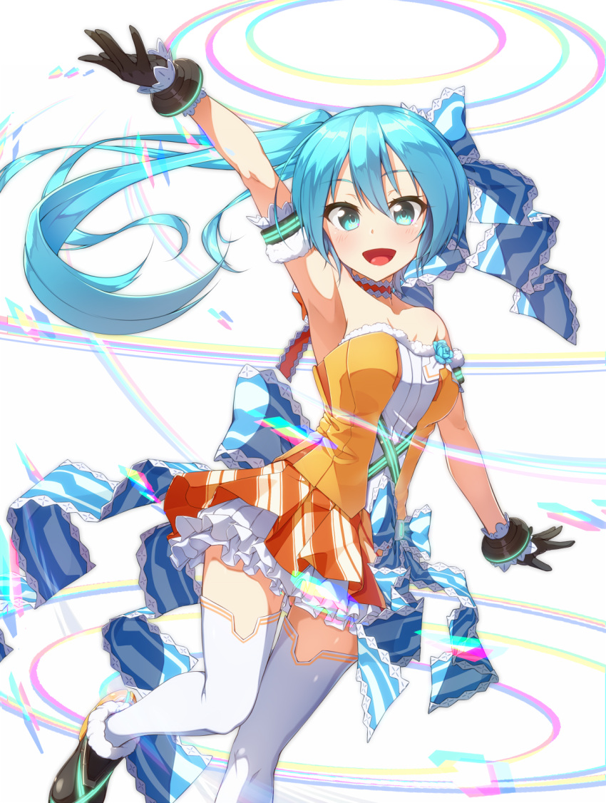 1girl :d aqua_eyes aqua_hair arm_up armlet armpits ass_visible_through_thighs bare_shoulders black_gloves black_shoes blue_bow blush bow breasts choker cleavage decorator eyebrows eyebrows_visible_through_hair frilled_skirt frills fur_trim gloves hair_bow hatsune_miku highres kuroneko_shiro layered_skirt leg_up long_hair looking_at_viewer open_mouth orange_skirt outstretched_arm pleated_skirt project_diva_(series) project_diva_f_2nd shoes simple_background skirt smile solo standing_on_one_leg tareme thigh-highs thigh_gap vocaloid white_background white_legwear zettai_ryouiki