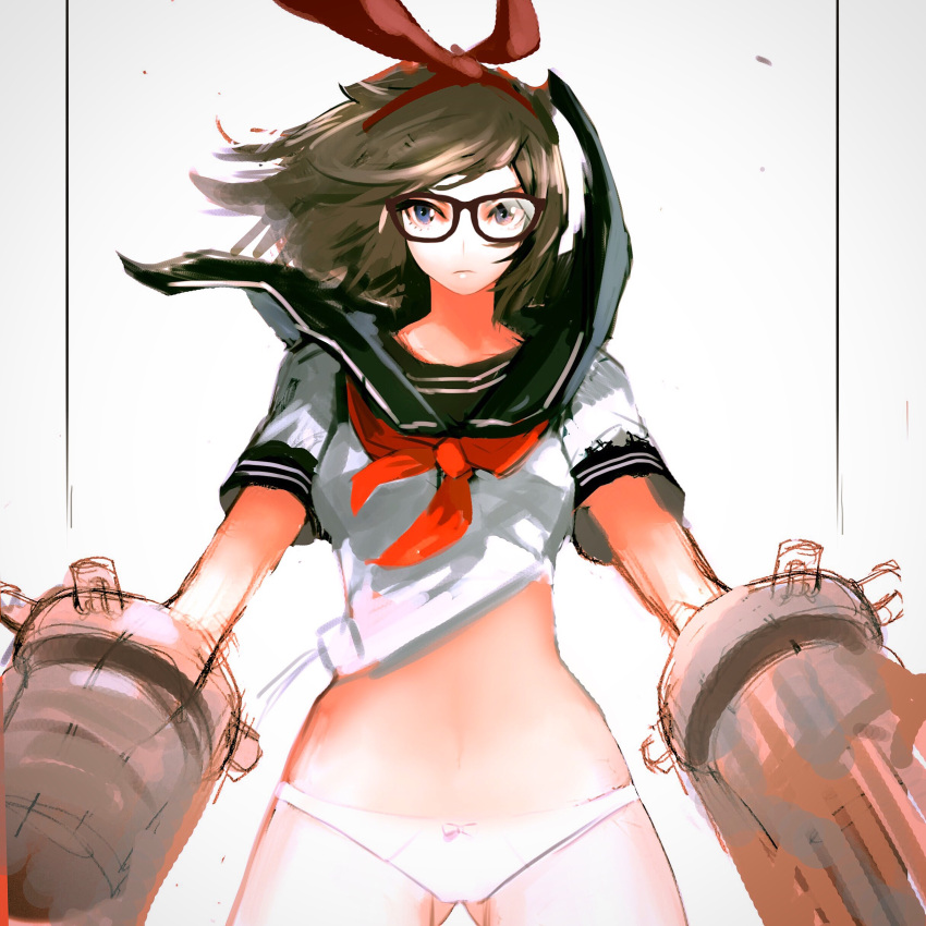 1girl absurdres ass_visible_through_thighs bow brown_hair gauntlets glasses hair_bow highres hongz looking_at_viewer panties sailor_collar school_uniform serious short_hair simple_background solo underwear white_background