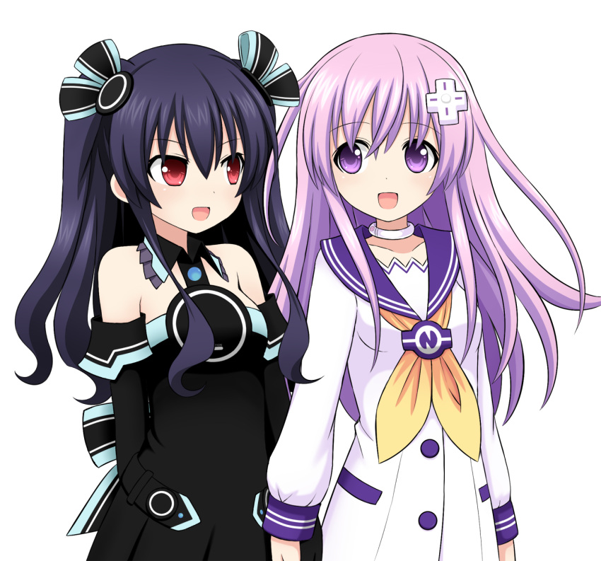 2girls ami_(ammy33) bare_shoulders black_hair blush d-pad elbow_gloves gloves hair_ornament highres holding_hands long_hair multiple_girls nepgear neptune_(series) open_mouth purple_hair red_eyes striped twintails uni_(choujigen_game_neptune) violet_eyes