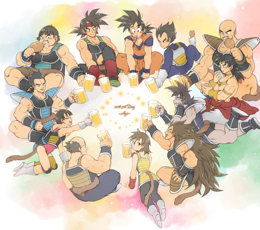 alcohol armband armor ayo_(isy8800) bald bardock beer beer_mug black_eyes black_hair boots broly brown_hair clenched_hand closed_eyes dated dougi dragon_ball dragon_ball_z eating facial_hair food food_in_mouth gine gloves head_rest indian_style jewelry knee_pads kneeling leotard long_hair looking_back lying meat monkey_tail mouth_hold muscle mustache nappa neck_ring on_stomach open_mouth panbukin_(dragon_ball) raditz scar_on_cheek seripa short_hair sitting smile son_gokuu spiky_hair toast_(gesture) toma_(dragon_ball) toteppo tullece vegeta very_long_hair white_boots white_gloves widow's_peak wrist_cuffs wristband