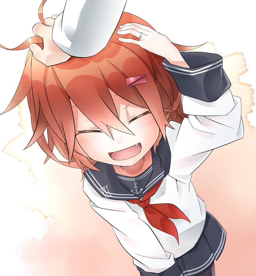 1girl anchor_symbol black_legwear blush brown_hair closed_eyes commentary_request fang hair_between_eyes hair_ornament hairclip hand_on_another's_head hand_on_own_head highres ikazuchi_(kantai_collection) jewelry kantai_collection long_sleeves manarou neckerchief open_mouth petting pleated_skirt ring school_uniform serafuku short_hair skirt smile solo_focus wedding_band