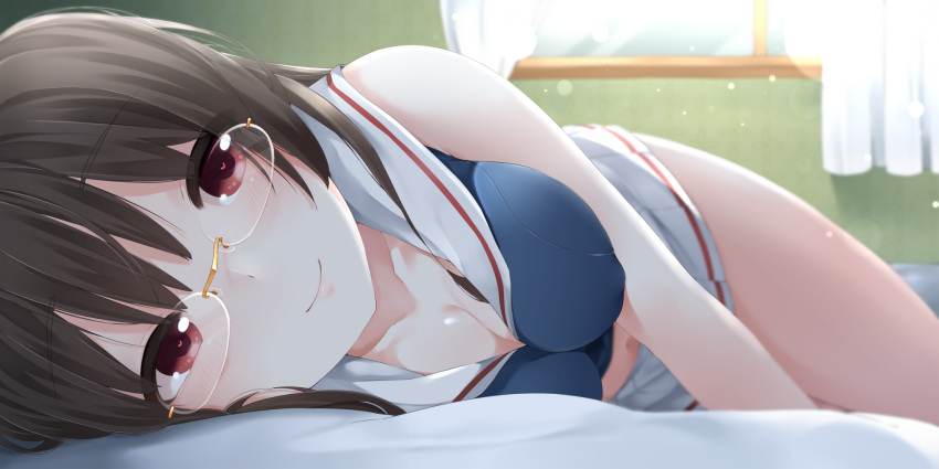 1girl bare_shoulders black_hair blurry blush breasts choukai_(kantai_collection) curtains depth_of_field eyebrows eyebrows_visible_through_hair glasses heart heart-shaped_pupils highres kantai_collection long_hair looking_at_viewer lying navel on_side pleated_skirt red_eyes rimless_glasses school_uniform skirt smile solo symbol-shaped_pupils white_skin window yukichi_(sukiyaki39)