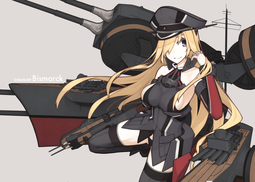 1girl absurdres bare_shoulders bismarck_(kantai_collection) black_panties blonde_hair blue_eyes breasts cannon character_name detached_sleeves gloves grin hair_over_one_eye hat highres jewelry kantai_collection large_breasts lavender_background long_hair looking_at_viewer mecha_musume mikoto_(oi_plus) military military_hat military_uniform open_mouth panties peaked_cap revision ring sideboob simple_background smile solo thigh-highs turret underwear uniform upper_body