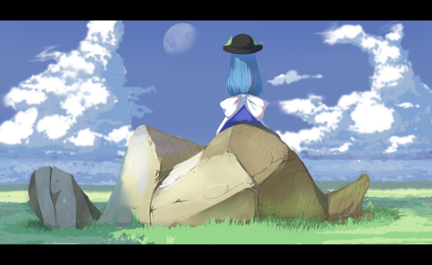 1girl apron blue_skirt blue_sky clouds day from_behind grass hat hinanawi_tenshi horizon letterboxed long_hair moon peaceful shade shirokku_(shirock8) sitting sitting_on_rock skirt sky solo touhou