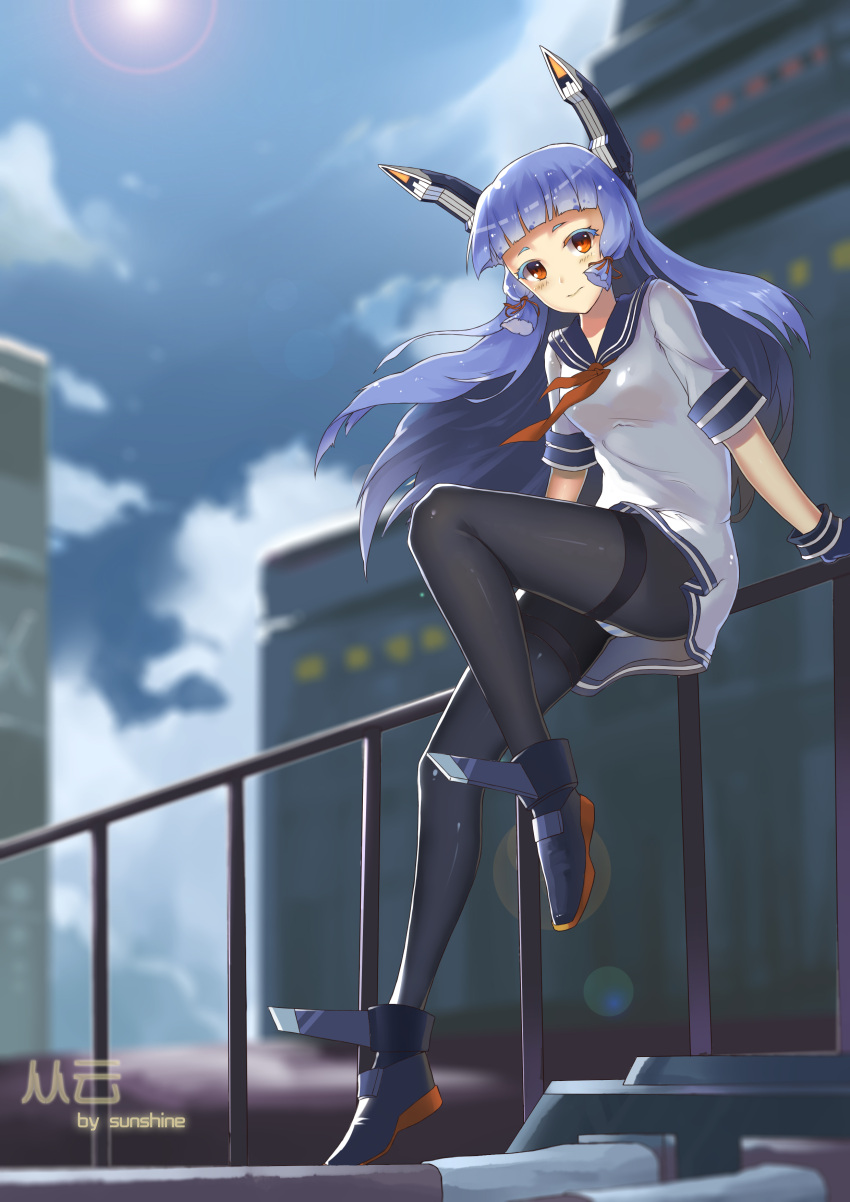 1girl absurdres arm_support artist_name bangs black_legwear blue_gloves blue_hair blue_sky blunt_bangs blurry blush closed_mouth clouds colored_eyelashes depth_of_field dress floating_hair from_below full_body gloves hair_ribbon headgear highres kantai_collection lens_flare light_smile long_hair looking_at_viewer looking_down murakumo_(kantai_collection) one_leg_raised outdoors panties panties_over_pantyhose pantyhose railing ribbon sailor_dress shade ship shoes short_dress short_eyebrows short_sleeves sky solo striped striped_panties sun sunshine_(1638509769) thighband_pantyhose tress_ribbon underwear upskirt white_dress wind