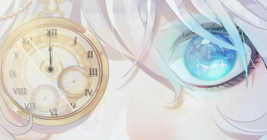 1girl blue_eyes clock_hands dated eyebrows eyelashes face hair_between_eyes izayoi_sakuya looking_at_viewer lummy_(merry_dial) one_eye_covered pocket_watch reflective_eyes roman_numerals signature silver_hair solo symbol-shaped_pupils touhou watch
