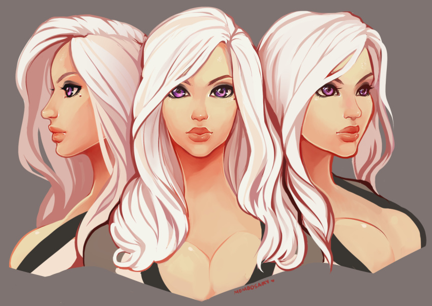 1girl artist_name blade_&amp;_soul breasts cleavage eyebrows eyelashes large_breasts lips long_hair mole mole_under_eye momo-deary multiple_views najia_feng profile signature violet_eyes white_hair