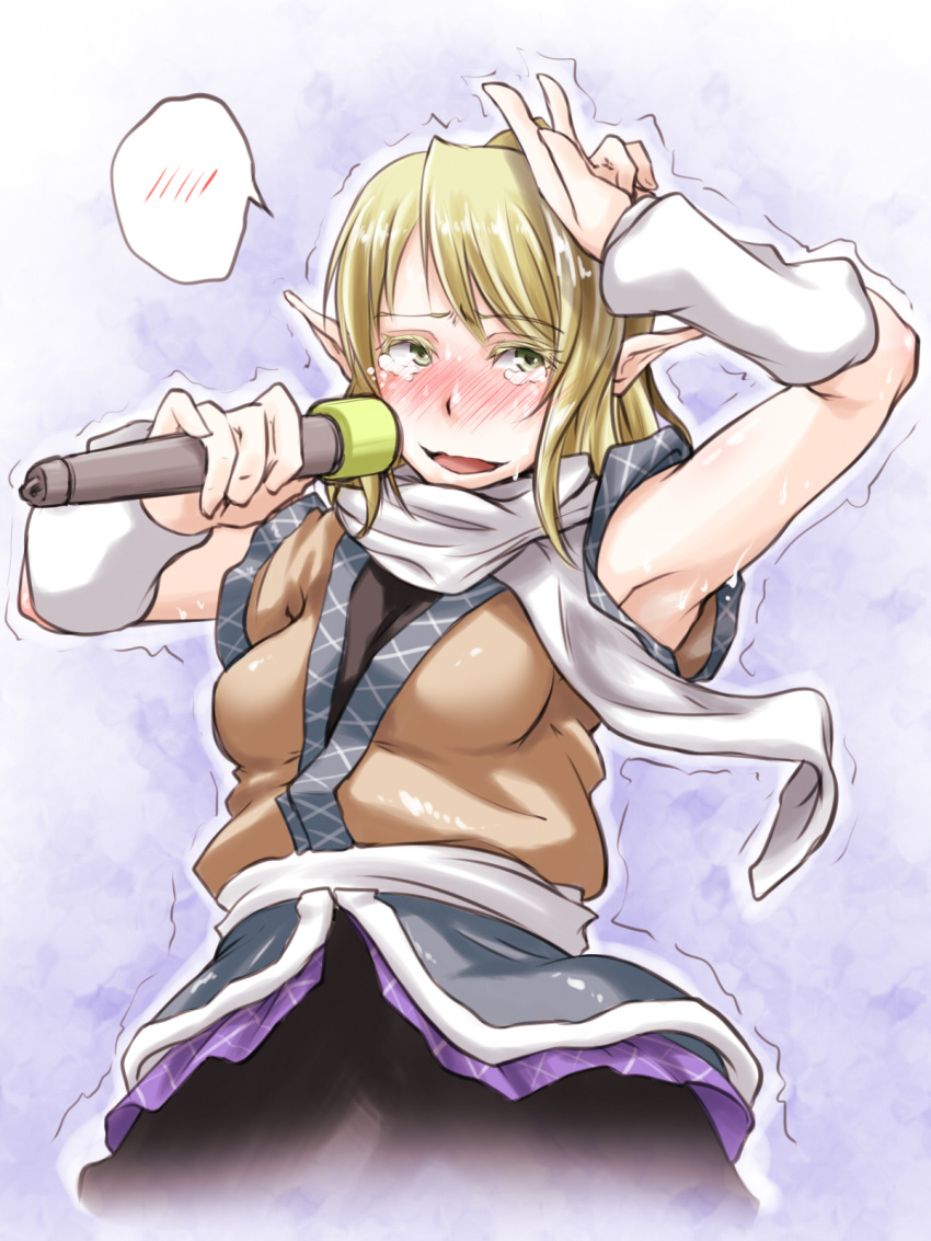 1girl :d arm_up arm_warmers armpits blonde_hair blush breasts commentary_request cowboy_shot embarrassed green_eyes highres kanta_(k_n_t_r_o) looking_away microphone mizuhashi_parsee nose_blush open_mouth pointy_ears pose scarf short_sleeves smile solo spoken_blush tears touhou trembling wavy_mouth