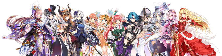 6+girls :o :q adjusting_clothes adjusting_hat animal_ears aoi_shimon armor armored_boots ass asymmetrical_bangs asymmetrical_legwear bangs bare_shoulders belt bent_over black_hat black_legwear black_skirt blonde_hair blue_bow blue_dress blue_eyes blue_hair blunt_bangs blush boots bow bow_(weapon) bowtie breasts brown_eyes buckle cat_ears character_request cleavage closed_mouth collarbone corset cowboy_shot cross-laced_clothes detached_collar detached_sleeves diamond dress eyebrows eyebrows_visible_through_hair fake_horns faulds floating_hair floral_print flower from_behind garter_straps gem gloves green_eyes hair_between_eyes hair_flower hair_ornament hairpin hat headgear headpiece holding holding_sword holding_weapon horns japanese_clothes kanpani_girls katana kimono knee_boots large_breasts lavender_eyes lavender_hair layered_dress legs_apart legs_together leotard long_hair long_sleeves looking_at_viewer looking_back midriff multiple_girls navel necktie official_art open_mouth orange_eyes orange_hair pantyhose parted_bangs pink_eyes pink_hair pom_pom_(clothes) red_dress red_eyes red_gloves red_legwear red_necktie red_ribbon revealing_clothes ribbon ribbon-trimmed_sleeves ribbon_trim sarashi sheath sheathed shoulder_pads silver_hair simple_background single_thighhigh skirt smile spread_legs stomach sword tareme tassel thigh-highs thigh_boots thigh_strap tiara tongue tongue_out top_hat transparent_background twintails underbust unsheathed very_long_hair violet_eyes weapon white_bow white_bowtie white_dress wide_sleeves wind zettai_ryouiki