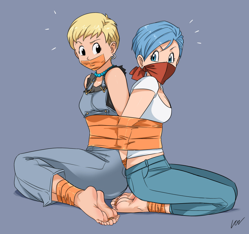 2girls back-to-back bandana_over_mouth barefoot bead_necklace black_eyes blonde_hair blue_eyes blue_hair bound breasts bulma cleavage dragon_ball dragon_ball_super earrings gag highres improvised_gag jewelry lost_one_zero multiple_girls official_style overalls raised_eyebrow raised_eyebrows shirt short_hair siblings signature sisters tape tape_gag tied_up tights_(ginga_patrol_jaco) torn_clothes torn_shirt