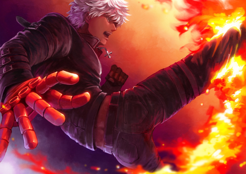 1boy absurdres biker_clothes clenched_hand crop_top cropped_jacket cross dark_skin fingerless_gloves fire food_fighter_441 gloves highres jacket jewelry k' kicking male_focus necklace open_mouth short_hair snk solo the_king_of_fighters white_hair