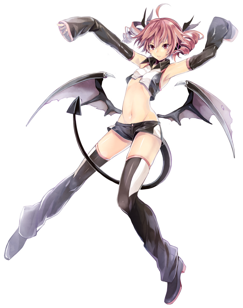 1girl absurdres ahoge alternate_costume armpits arms_up bangs bat_wings between_legs black_legwear black_ribbon black_shoes black_shorts black_wings closed_mouth collared_shirt crop_top demon_tail demon_wings detached_sleeves drill_hair full_body groin hair_between_eyes hair_ribbon headphones highres kasane_teto low_wings midriff navel outstretched_arms red_eyes redhead ribbon ribs shirt shoes shorts simple_background sleeves_past_wrists small_breasts solo stomach tail tail_between_legs toudou_charo twin_drills twintails utau white_background wings