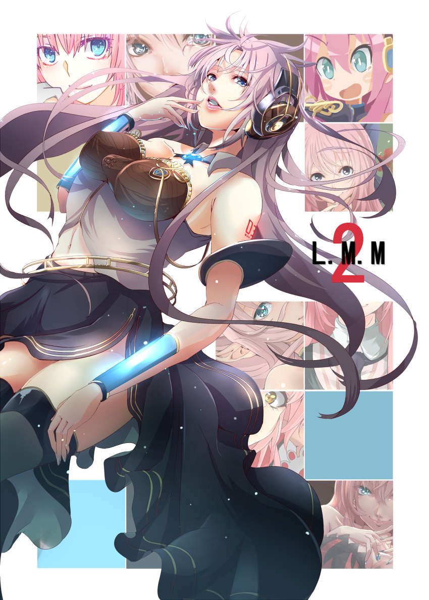 absurdres bare_shoulders black_legwear blue_eyes blue_nails detached_collar endou_(zettai_bluenoid) headphones highres jewelry lips looking_to_the_side megurine_luka multiple_views nail_polish navel necklace open_mouth parted_lips side_slit tattoo thigh-highs vocaloid wrist_cuffs