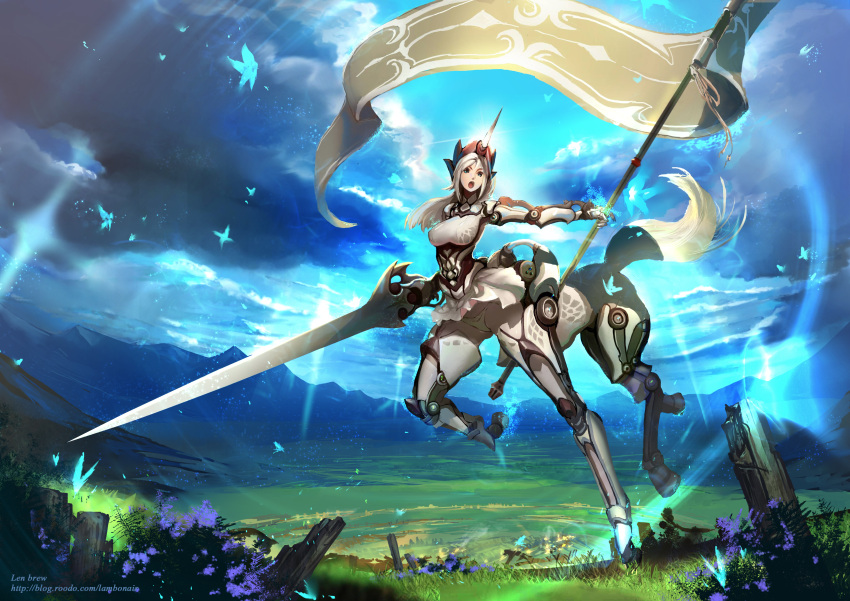 1girl absurdres armor armored_boots banner blue_eyes boots brown_hair butterfly centaur cowter field flag flagpole flower full_armor gauntlets grass highres holding huge_weapon len_brew looking_at_viewer meadow monster_girl mountain open_mouth short_hair silver_hair solo standard_bearer sword weapon